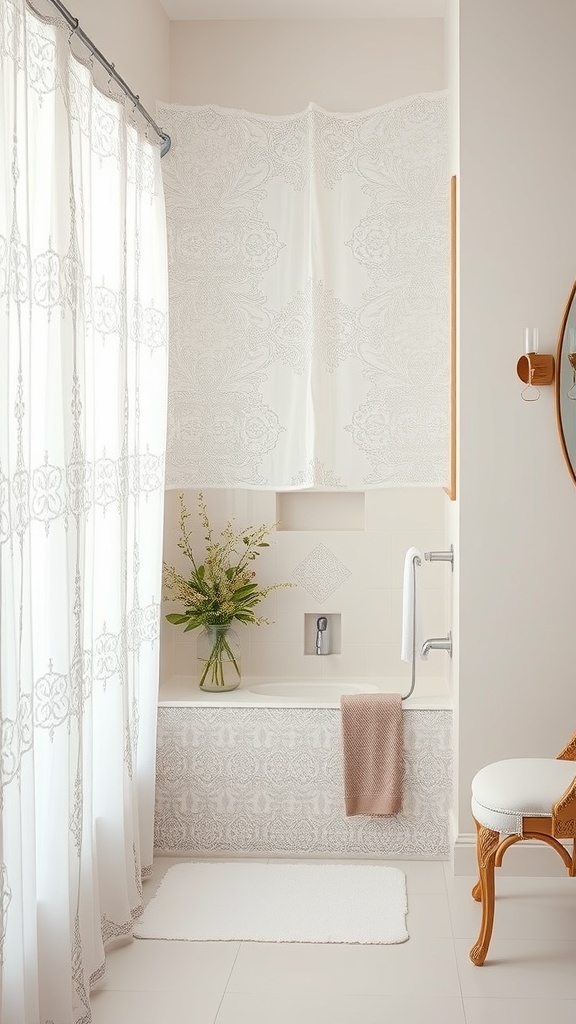 A bathroom featuring a shower curtain with an elegant lace overlay, a stylish chair, and a vase of flowers.