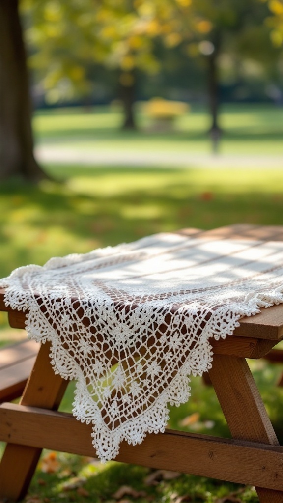 A crochet blanket with an intricate lacy border placed on a wooden table outdoors, surrounded by greenery.