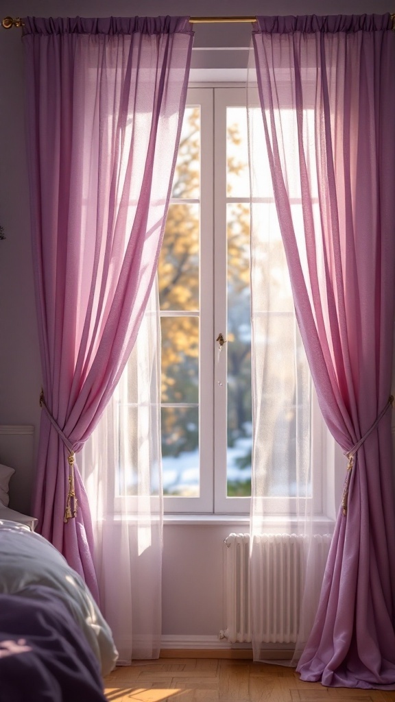 Elegant lavender curtains framing a window with soft natural light