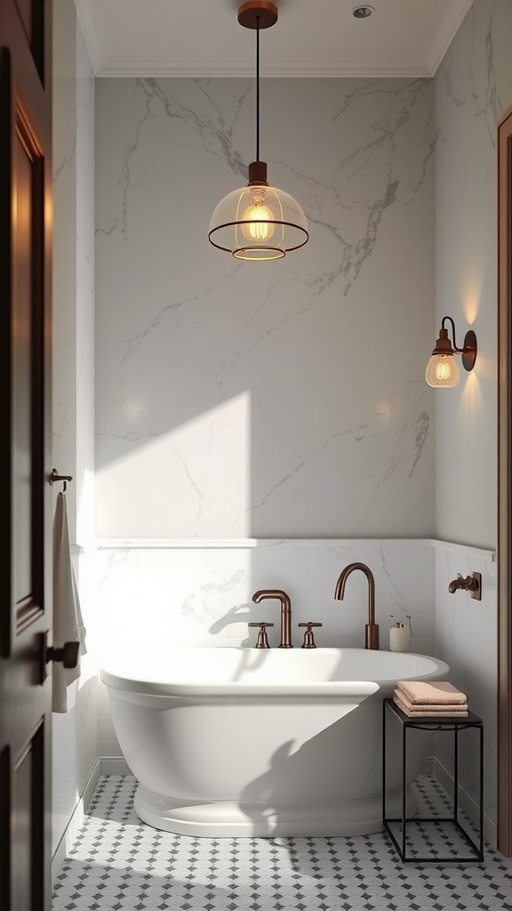 A luxurious bathroom featuring elegant pendant and wall lighting.