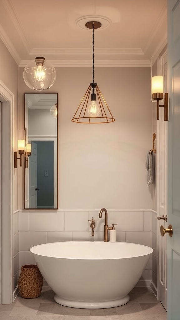A modern bathroom featuring elegant lighting fixtures, including a pendant light and wall sconces.