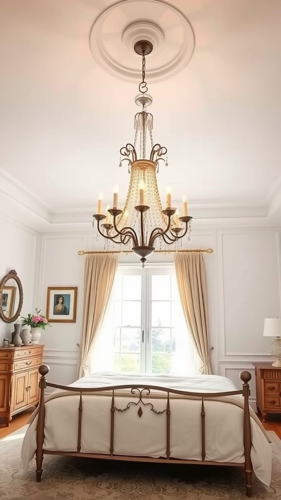 An elegant chandelier hanging in a French country bedroom with soft lighting and warm tones