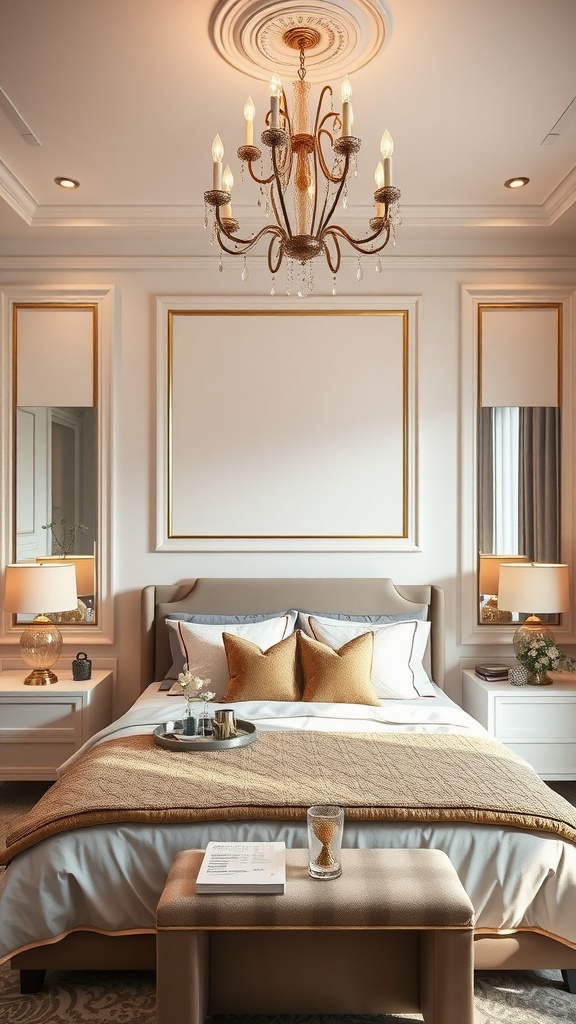 A beautifully decorated primary bedroom featuring a chandelier and stylish bedside lamps.