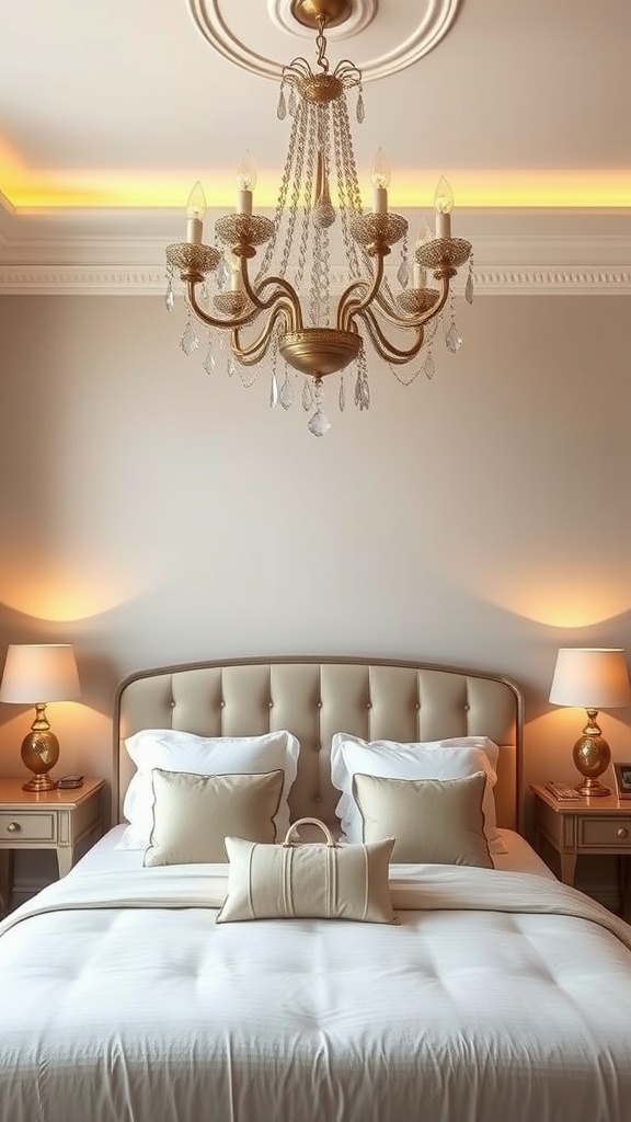 A luxurious bedroom featuring a chandelier and stylish bedside lamps.