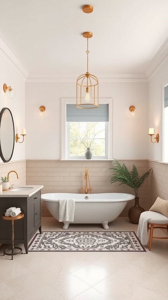 A stylish bathroom featuring elegant lighting fixtures, including a hanging light and wall sconces, with a freestanding bathtub and modern decor.