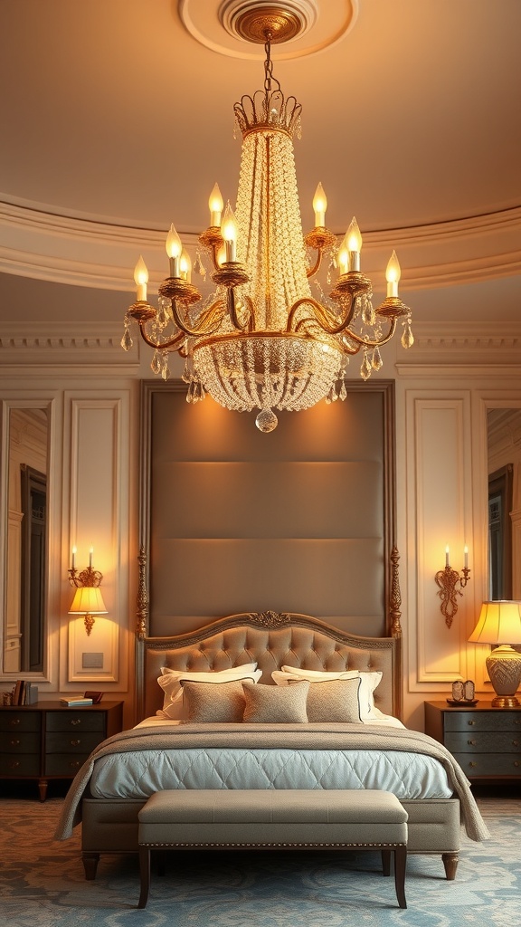 A luxurious bedroom featuring a grand chandelier and elegant wall sconces.