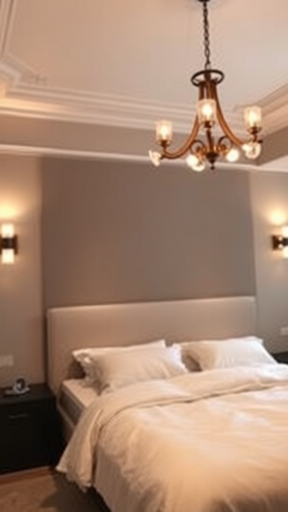 A well-lit bedroom featuring a chandelier and wall sconces in soft hues, with a white and beige color scheme.