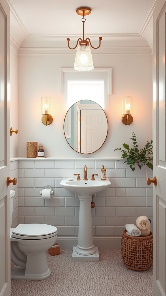 A stylish powder bathroom featuring elegant lighting with a ceiling fixture and wall sconces.