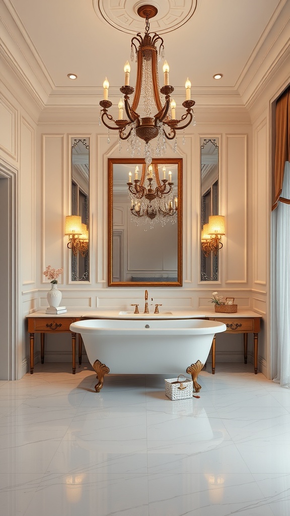 A luxurious master bathroom featuring a chandelier, wall sconces, and elegant decor.