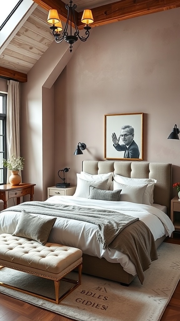 A cozy loft bedroom featuring a stylish bed, elegant bench, and warm decor.