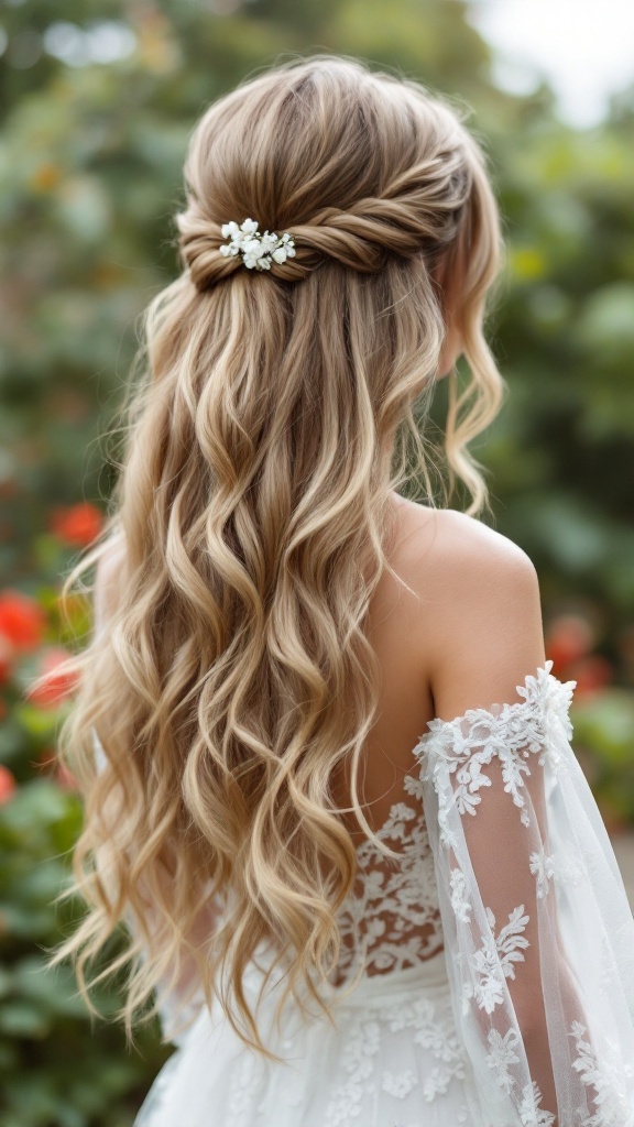 Bridesmaid hairstyle featuring loose waves with a half-up twist and floral accessory