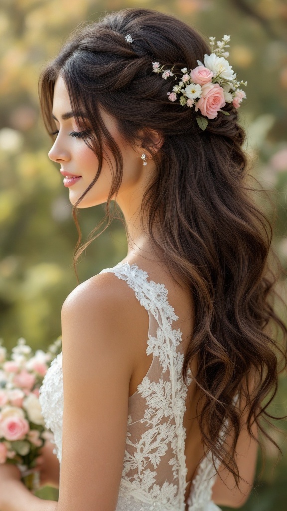 A bride with loose waves and floral accents in her hair, wearing a lace dress.