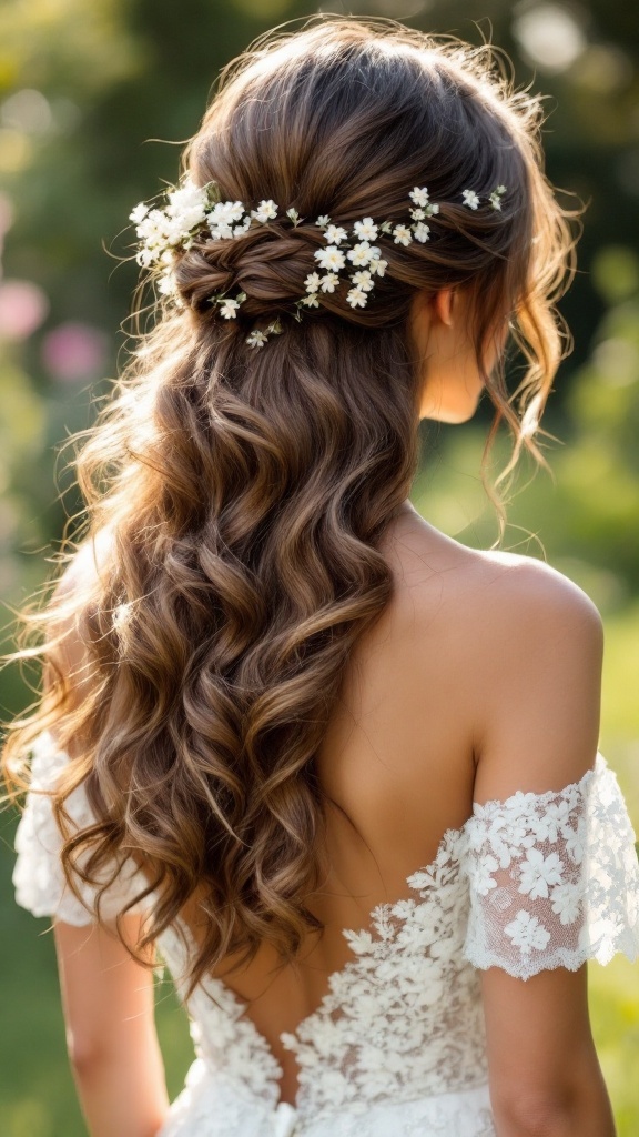 Bridal hairstyle with loose waves and floral accents