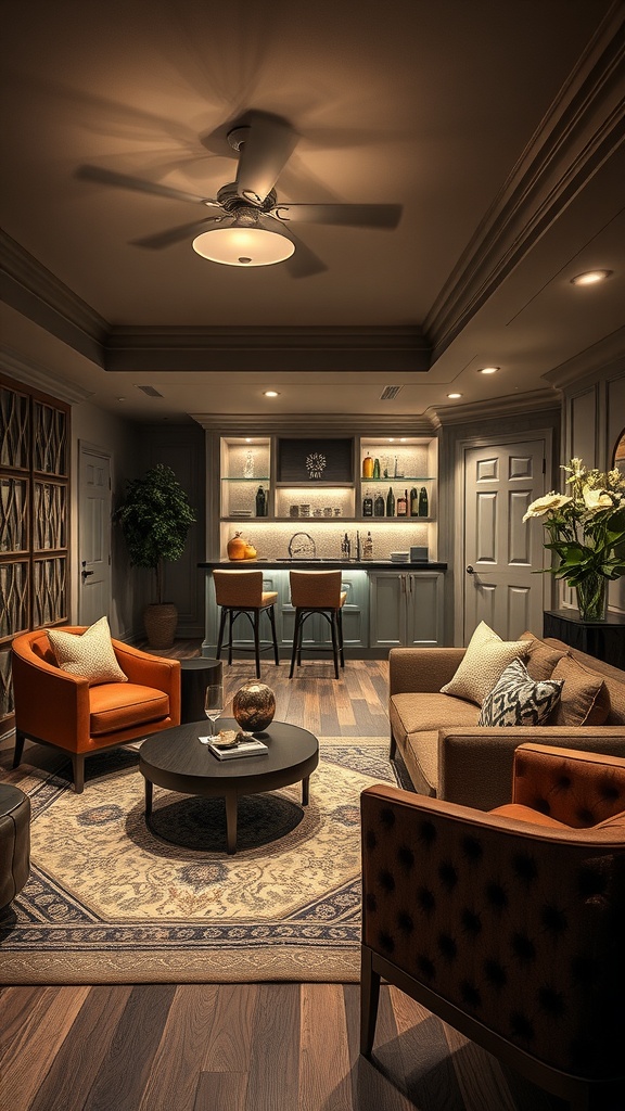 A stylish basement lounge area featuring comfortable seating, a coffee table, and a bar area.