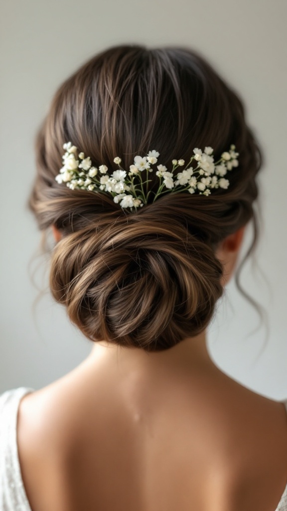 Elegant low bun hairstyle with floral accents for bridesmaids.