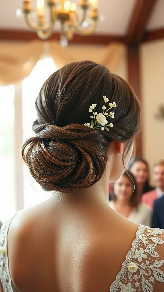 A woman with a neatly styled low bun adorned with a hair vine, showcasing elegance for a wedding guest hairstyle.