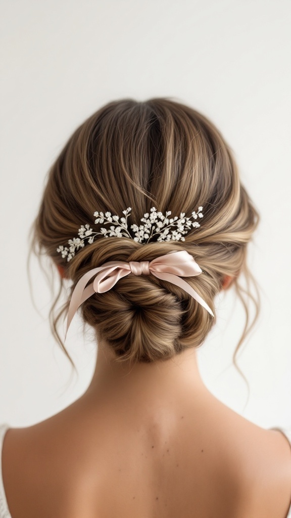 Elegant low bun hairstyle with silk ribbon and floral accents