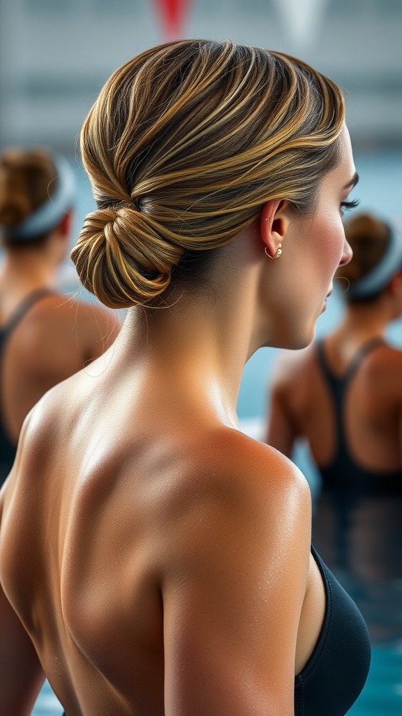 A swimmer with a sleek low chignon hairstyle, showcasing a blend of elegance and practicality.