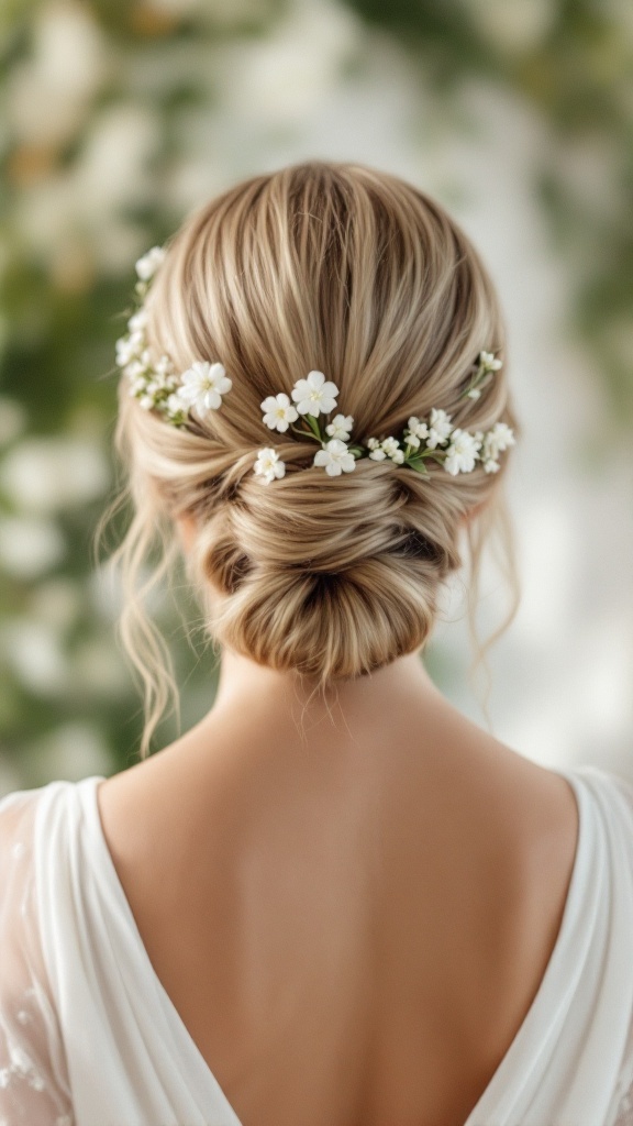 A bride's low chignon hairstyle adorned with small white flowers, showcasing a romantic look.