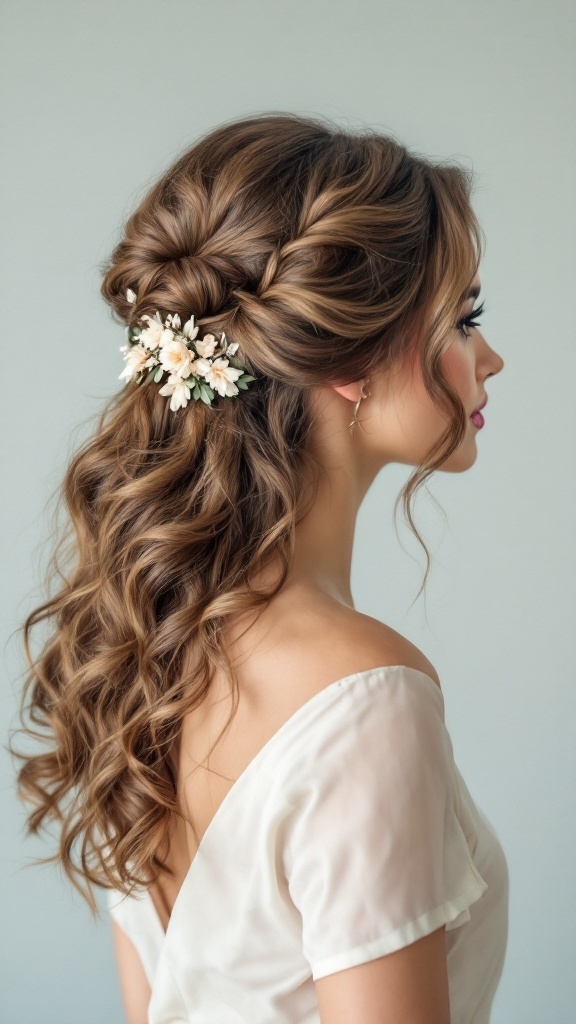 A woman with a low half updo featuring soft curls and floral accessories.