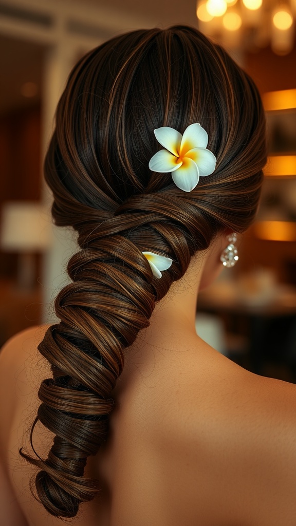 A woman with a low ponytail hairstyle, featuring jasmine flowers, showcasing a chic and elegant look.