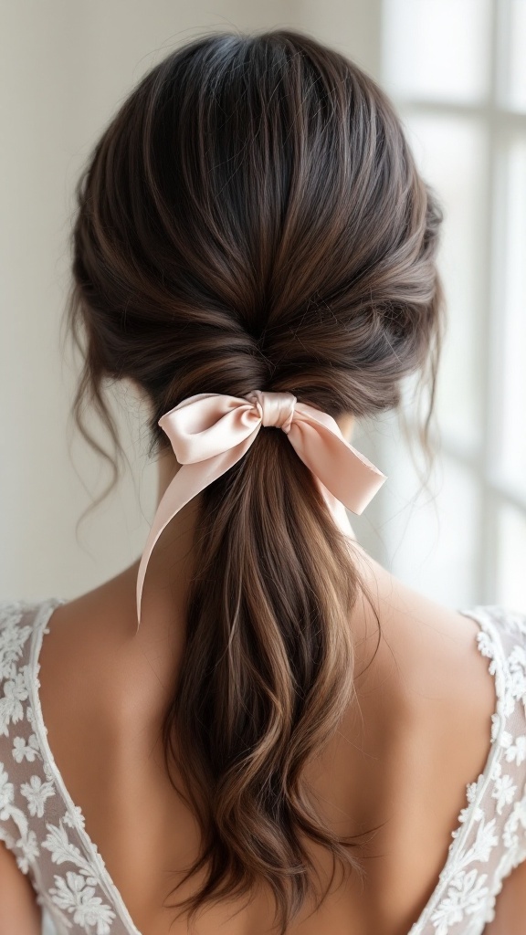 A back view of a woman's hair styled in an elegant low ponytail with a pink ribbon, showcasing soft waves and intricate details.