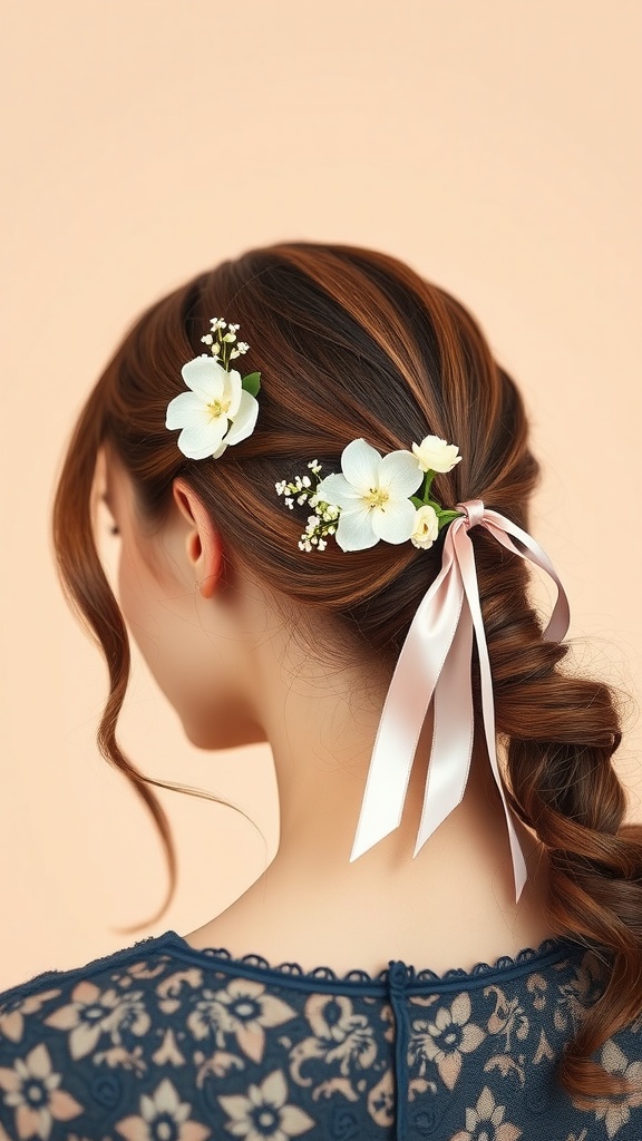 A woman with a low ponytail adorned with flowers and pink ribbons