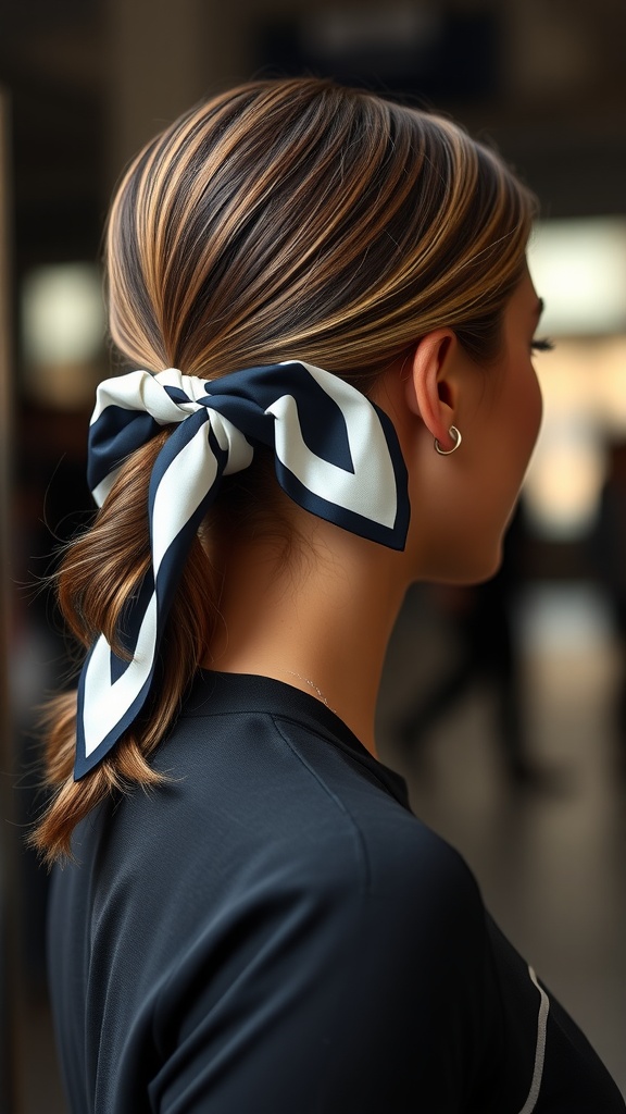 A woman with a low ponytail secured with a silk scarf, showcasing a simple yet elegant sporty hairstyle.