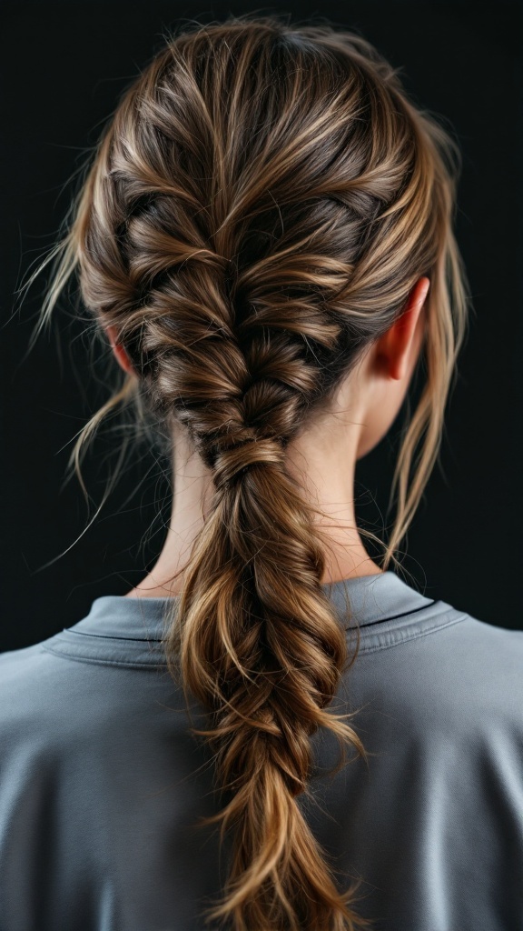 A close-up of a braided low side ponytail hairstyle