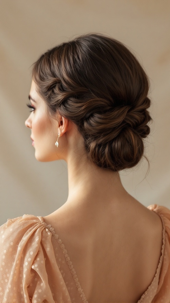 A woman with medium hair styled in an elegant low twist, showcasing soft waves and delicate earrings.