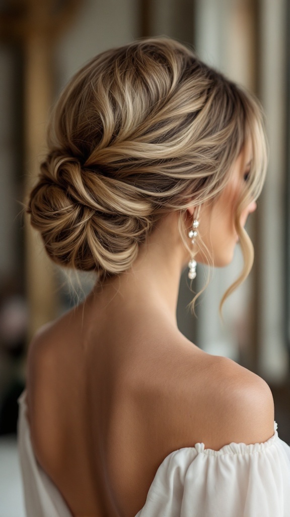 A woman with an elegant low twist hairstyle, showcasing soft side pieces.