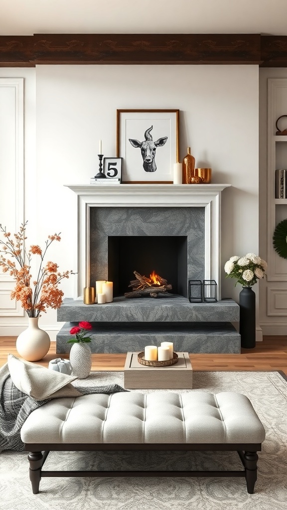 A stylish faux fireplace mantel with decorative items, including candles and a cow print, in a cozy bedroom setting.