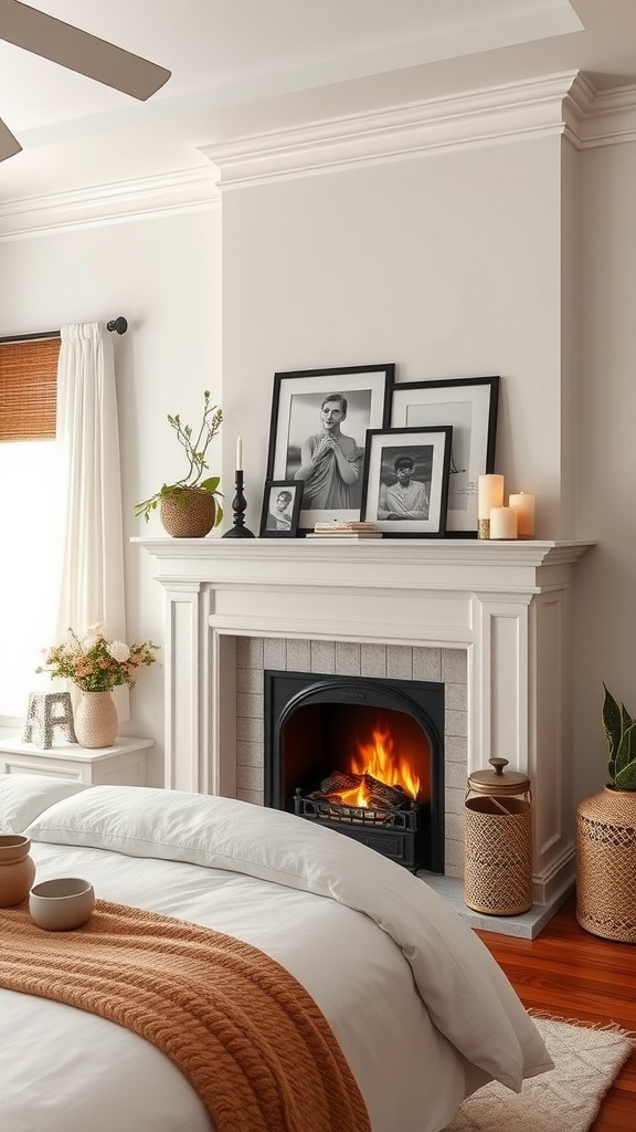 Elegant faux fireplace in a cozy bedroom with a mantle display