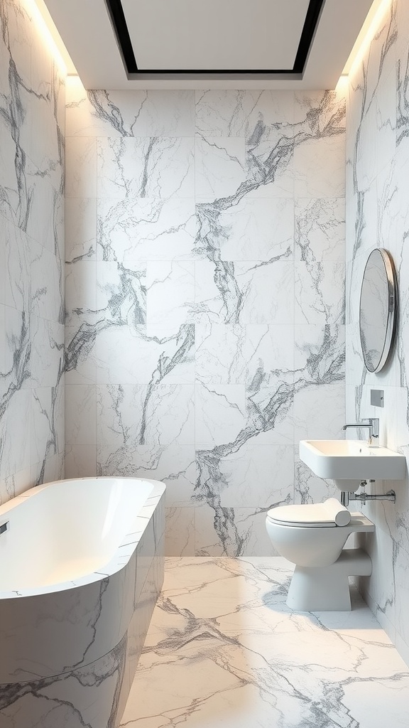 A modern bathroom featuring elegant marble tiles and a round mirror, showcasing a luxurious design.