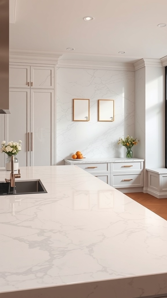 A modern kitchen featuring elegant marble countertops, a sleek sink, and stylish cabinetry.
