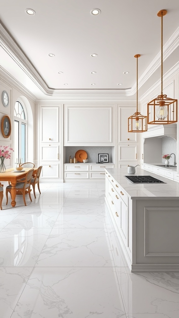 A modern kitchen featuring elegant white marble flooring, white cabinetry, and warm wood accents.