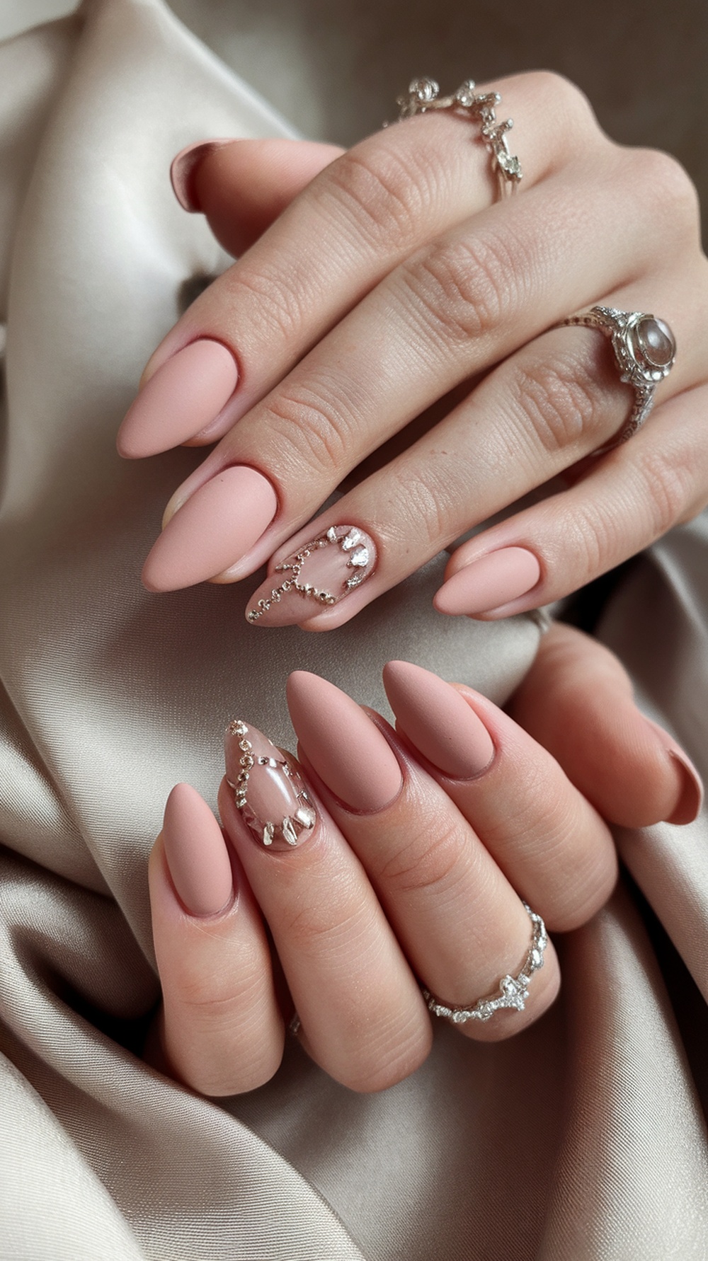 Close-up of hands with matte nude pink nails and elegant rings.
