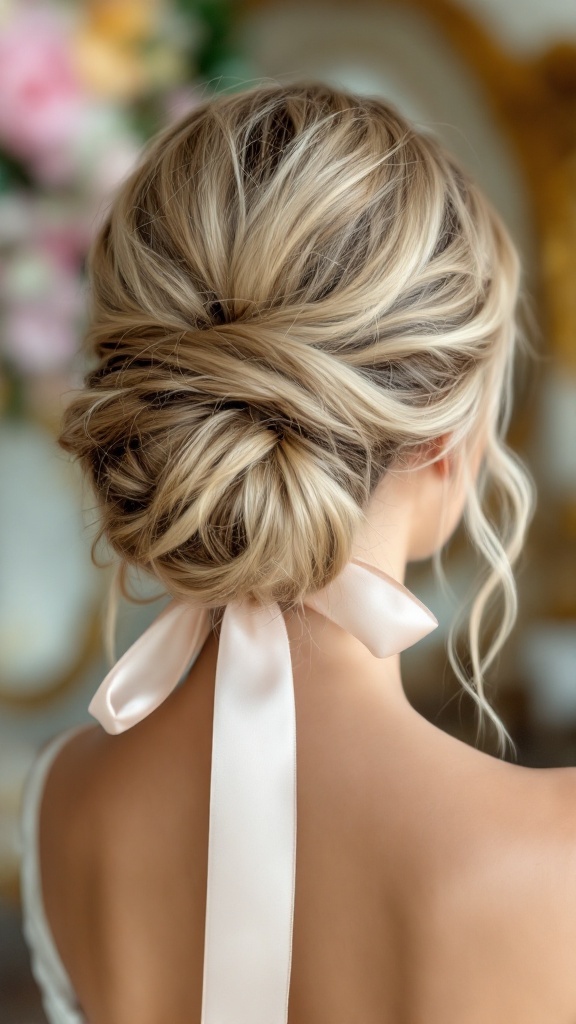 A woman with a messy bun hairstyle adorned with a pale silk ribbon, showcasing an elegant yet relaxed look.