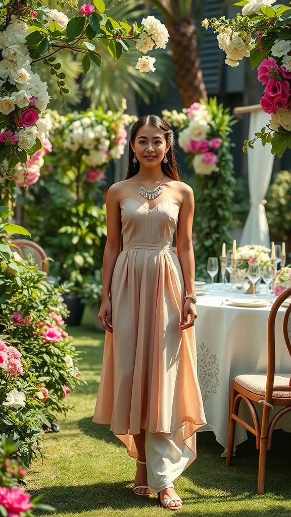 A woman wearing a midi dress stands in a beautifully decorated garden setting.