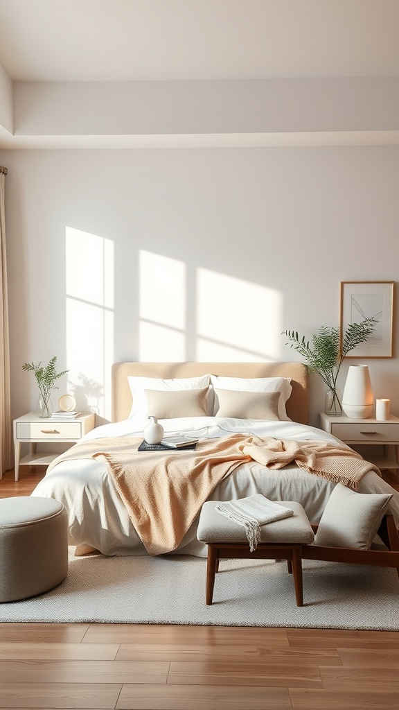 A minimalist bedroom featuring a cozy bed with beige and white linens, a small seating area, and natural light streaming through large windows.