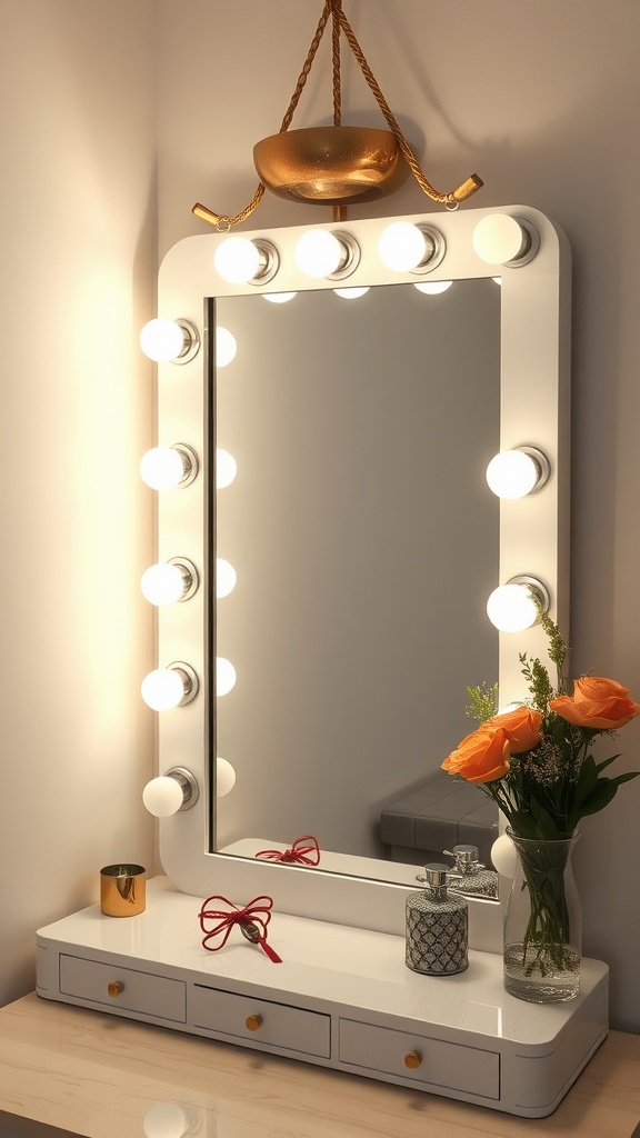 A stylish mirror with lights, surrounded by decor items, flowers, and a vanity table.