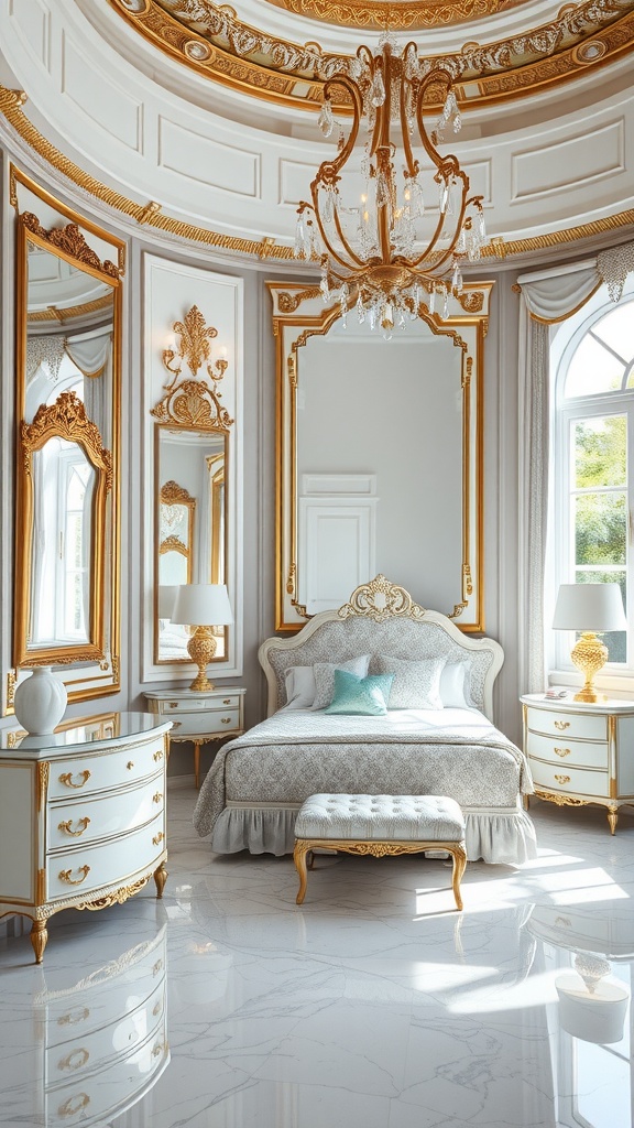 An elegant luxury bedroom featuring ornate mirrors and a chandelier, with a polished marble floor.
