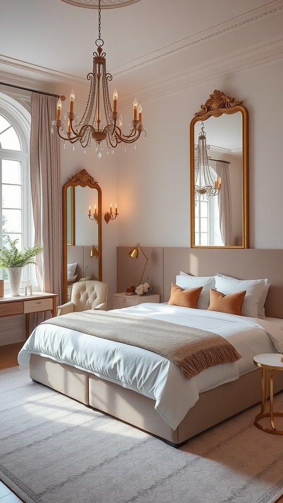 A luxurious bedroom featuring elegant mirrors, a chandelier, and soft furnishings.