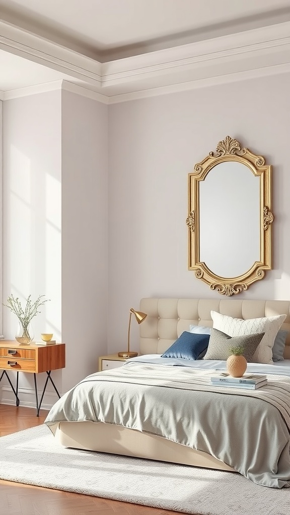 Modern bedroom featuring a gold-framed mirror, a tufted bed, and stylish decor.