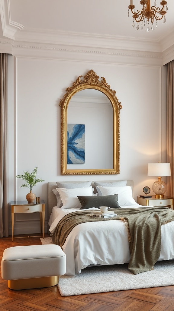 A luxurious bedroom featuring an ornate gold-framed mirror above the bed, enhancing the elegant decor.