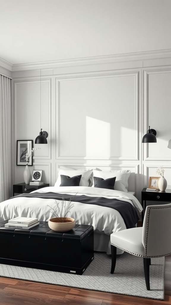A stylish monochrome bedroom featuring black and white furniture, including a bed, nightstands, and a chair.