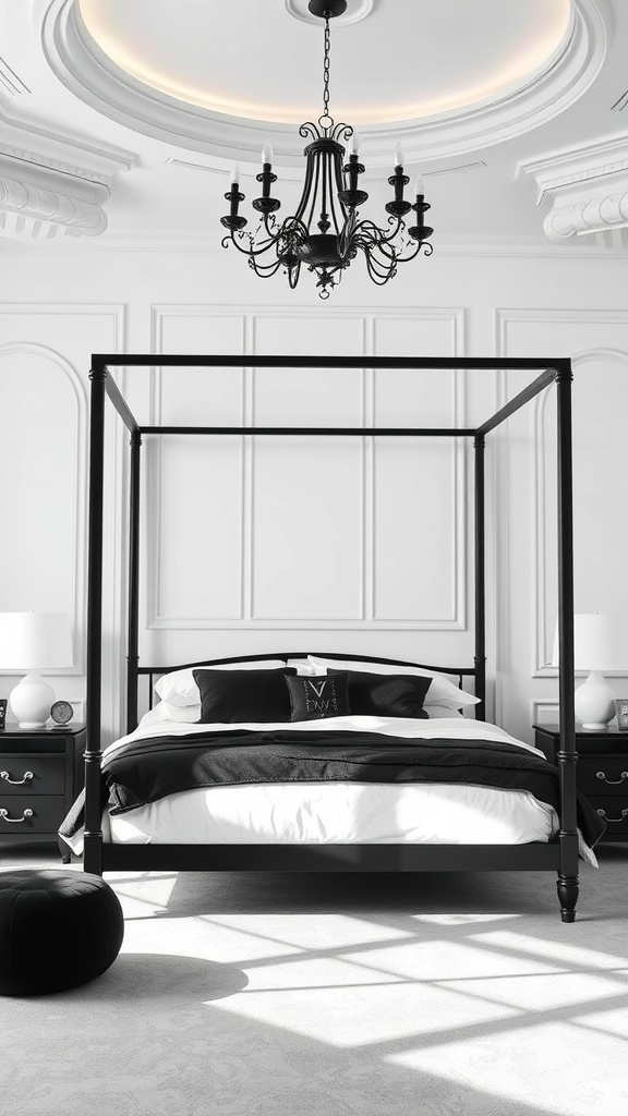 A monochrome bedroom featuring a black four-poster bed, elegant chandelier, and soft textures.