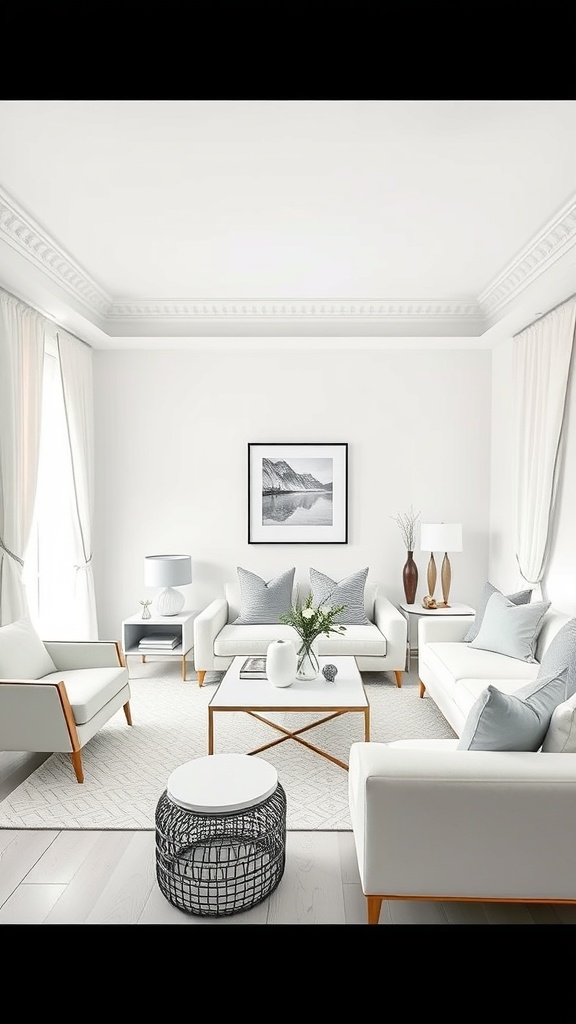 A modern white living room featuring a monochrome scheme with plush furniture and decorative accents.