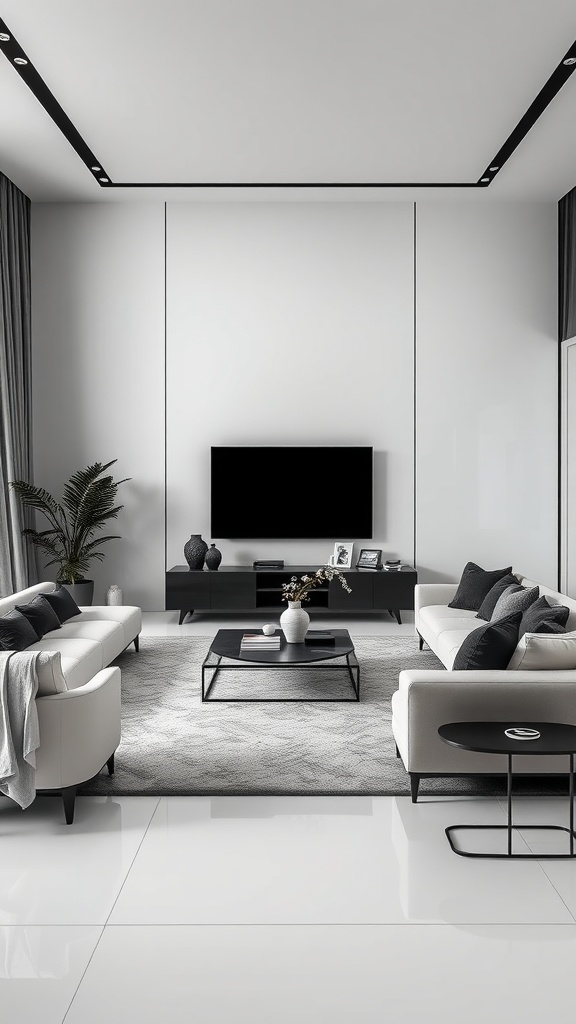 A monochrome living room featuring gray sofas, a black coffee table, and elegant decor.