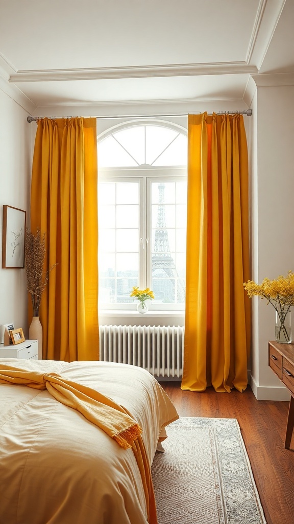 A cozy bedroom featuring mustard yellow curtains, a bed with soft bedding, and a view of the Eiffel Tower through the window.